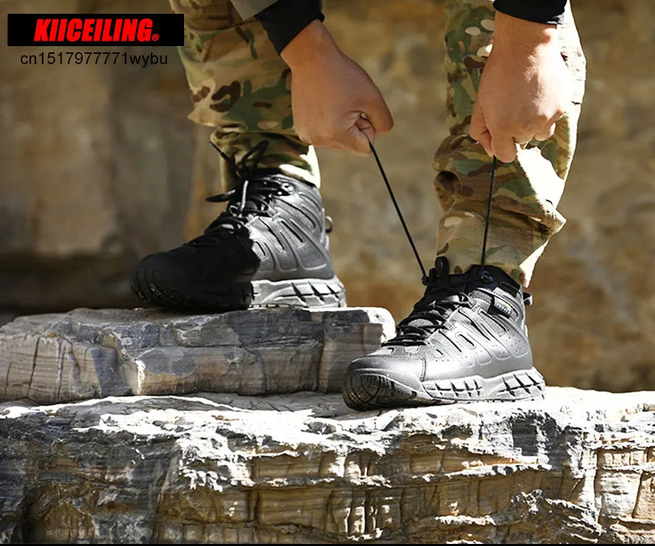 KIICEILING Hiking Shoes Tactical Boots for Men Mid Top Leather Sneakers Outdoor Sports Army Combat Work Military Climbing Shoes