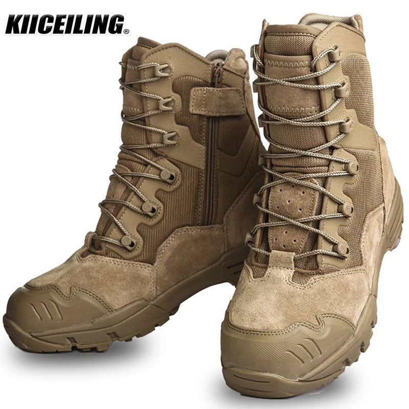 KIICEILING Hiking Shoes Tactical Boots for Men Leather Military Army Boot High Zipper Hunting Climbing Combat Desert Sneakers