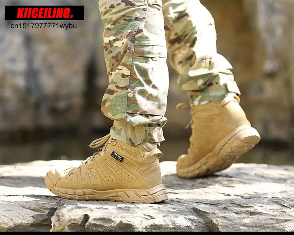 KIICEILING Hiking Shoes Tactical Boots for Men Mid Top Leather Sneakers Outdoor Sports Army Combat Work Military Climbing Shoes