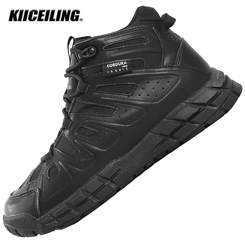 KIICEILING Hiking Shoes Tactical Boots for Men Mid Top Leather Sneakers Outdoor Sports Army Combat Work Military Climbing Shoes