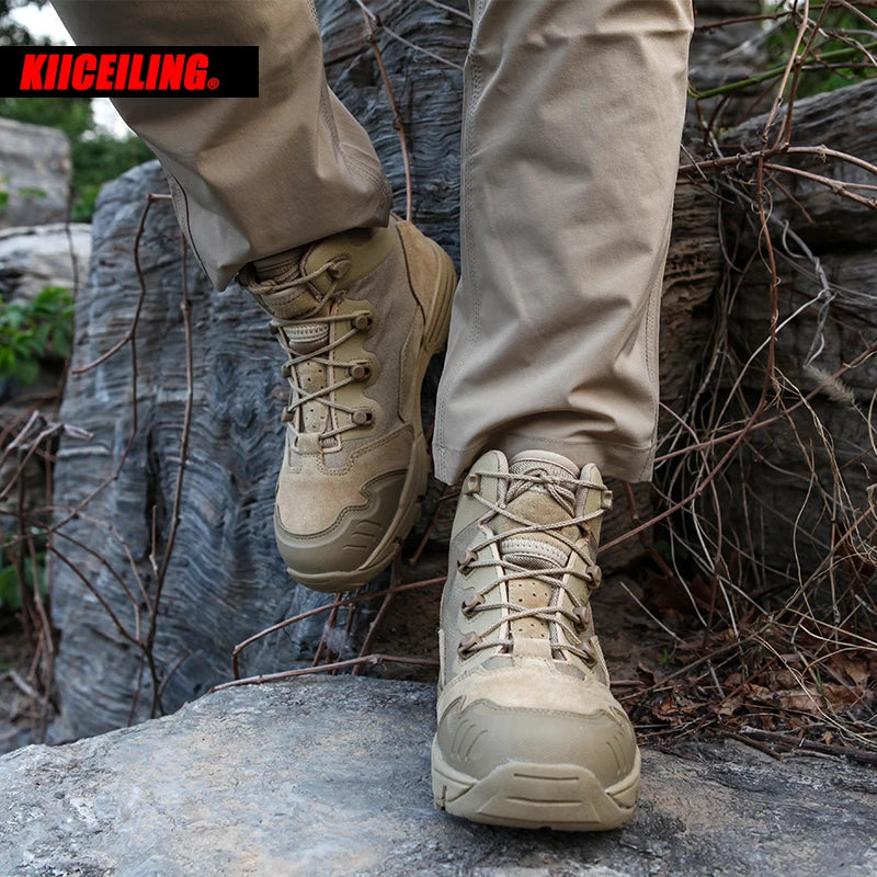 KIICEILING Hiking Shoes Tactical Boots for Men Mid Top Leather Outdoor Sports Army Military Boot Combat Desert Mountian Sneakers