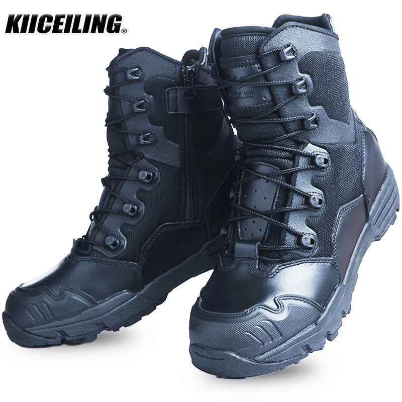 KIICEILING Hiking Shoes Tactical Boots for Men Leather Military Army Boot High Zipper Hunting Climbing Combat Desert Sneakers