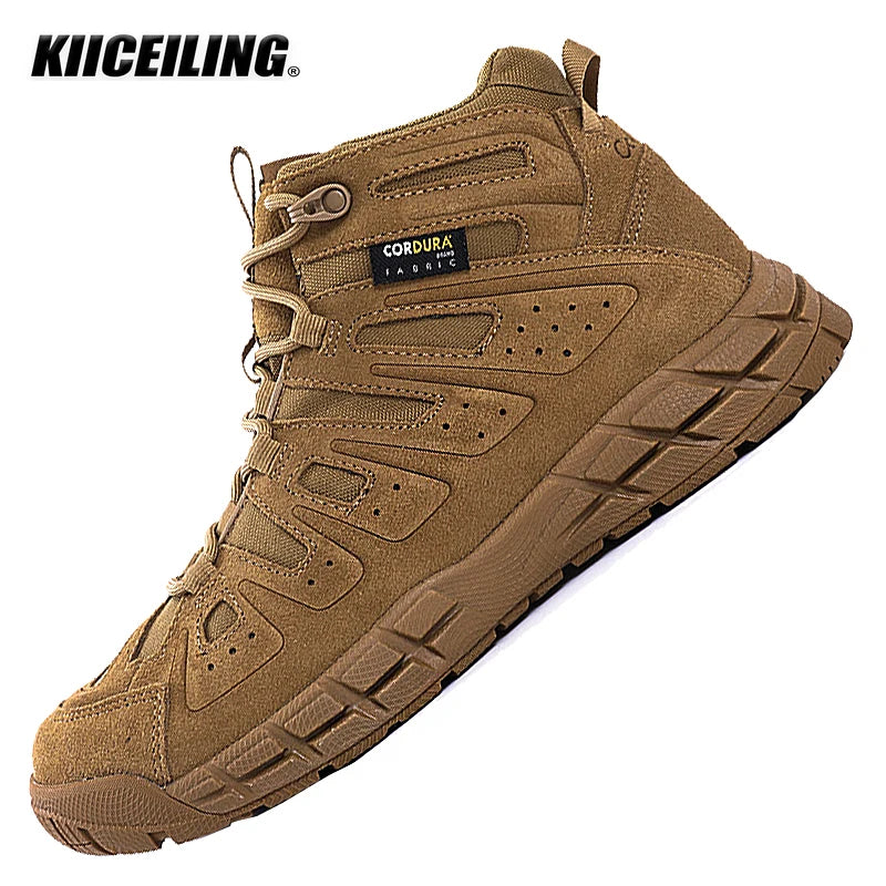 KIICEILING Hiking Shoes Tactical Boots for Men Mid Top Leather Sneakers Outdoor Sports Army Combat Work Military Climbing Shoes