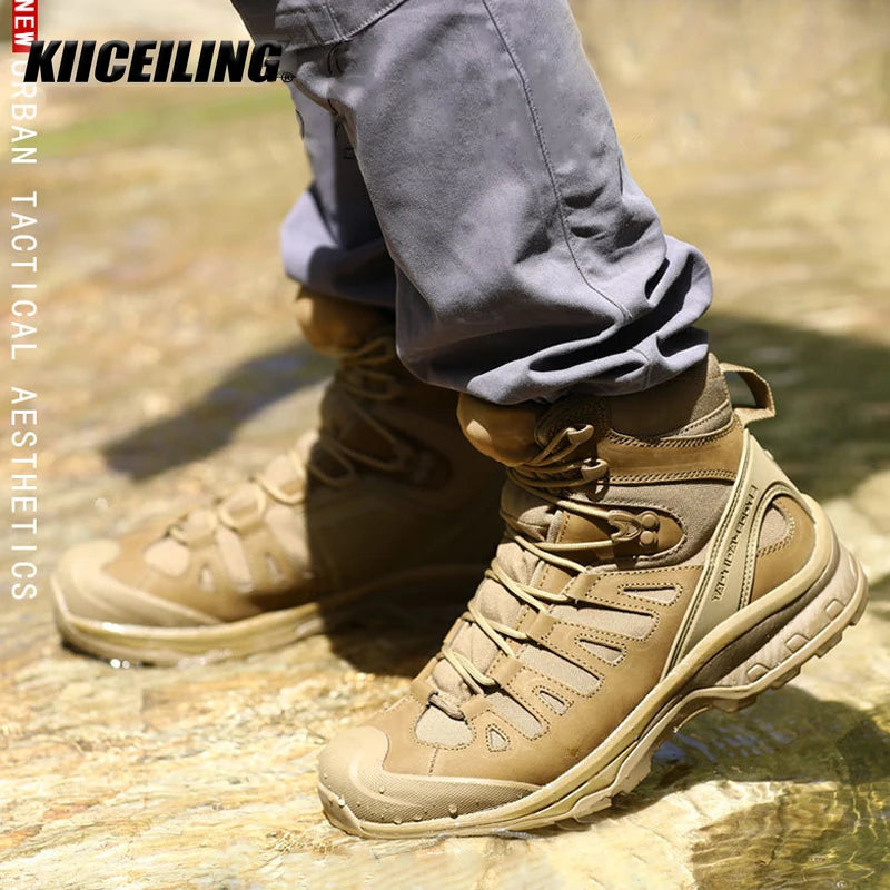KIICEILING Hiking Shoes Tactical Boots for Men Leather Sneakers Outdoor Sport Trekking Climing Military Work Combat Desert Boot
