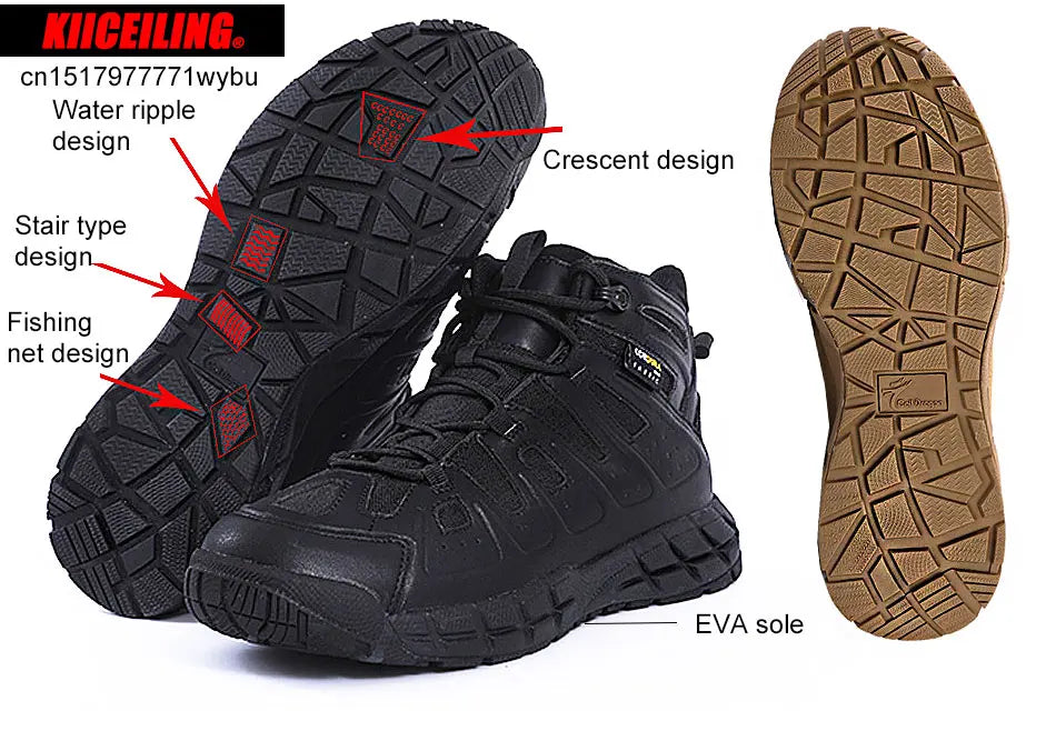 KIICEILING Hiking Shoes Tactical Boots for Men Mid Top Leather Sneakers Outdoor Sports Army Combat Work Military Climbing Shoes