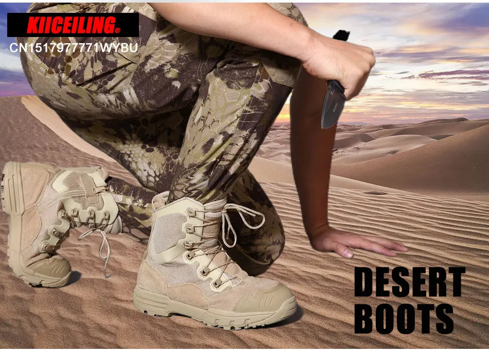 KIICEILING Hiking Shoes Tactical Boots for Men Leather Military Army Boot High Zipper Hunting Climbing Combat Desert Sneakers